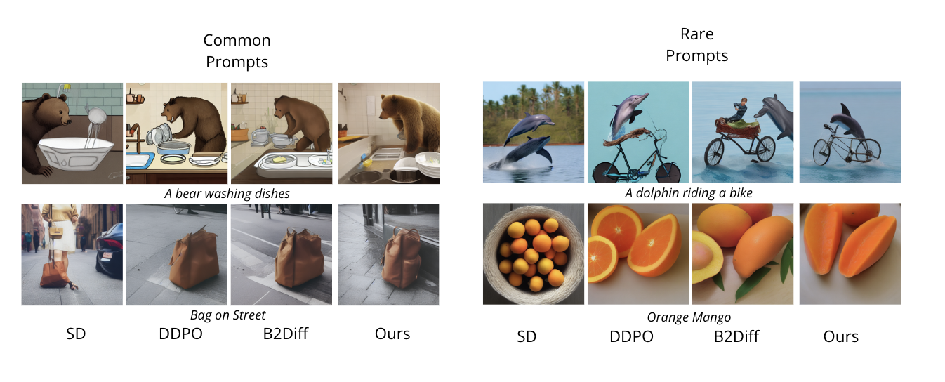 Qualitative comparison on common and rare image prompts across Stable Diffusion, DDPO, B2-DiffuRL and iADD