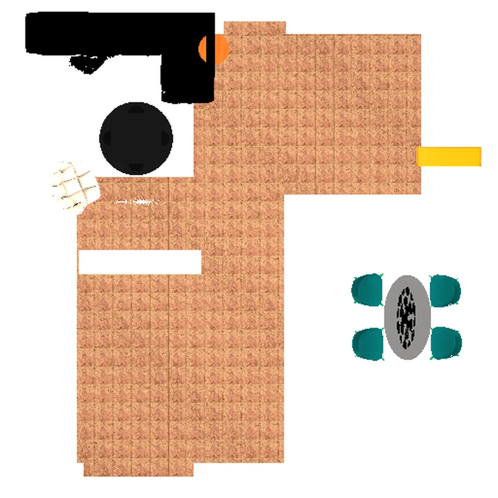 Top-down view of a language-driven layout with furniture placed outside the room boundary